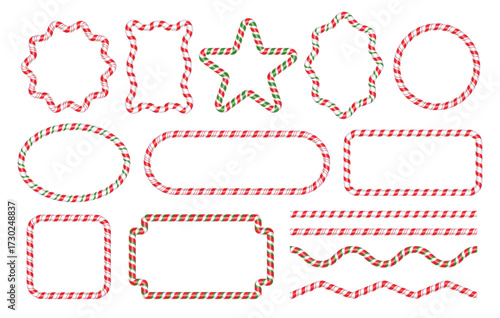 3d festive candy cane frame borders set. Red white swirl lollipops, peppermint holiday star, oval, circle frames and ornaments for merry Christmas invitations vector design