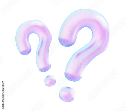 3D holographic double question mark symbols in large pink and blue gradient isolated on white background for FAQ, curiosity and digital design
