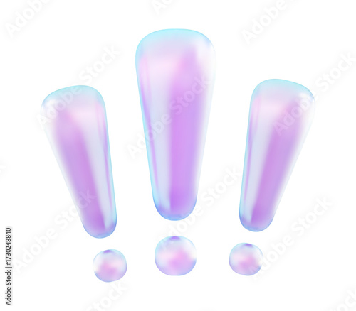 3D holographic triple exclamation marks in pink and blue gradient isolated on white background for alert and modern communication design
