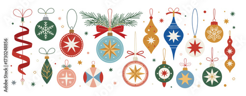 Christmas Baubles and Ornaments Set – Vintage Winter Holiday Decorations with Festive Patterns, Seasonal Xmas Decor Balls, Flat Vector Illustration on White Background