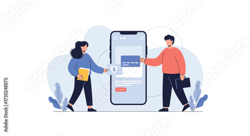 Two people interact with a mobile application displaying credit card payment options.