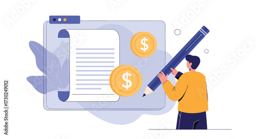 Financial document editing and financial contract analysis with a large pencil.