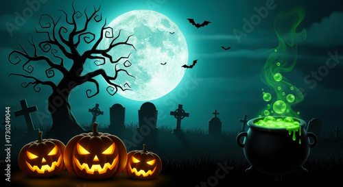 Spooky halloween night with a full moon, jackolanterns, and a witchs cauldron bubbling with green potion in a graveyard