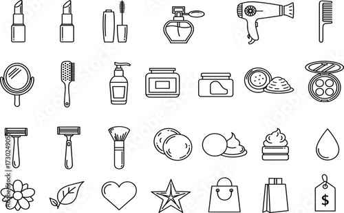 Beauty and personal care icon set, line style, black and white, makeup tools, skincare items, shopping symbols, vector illustration