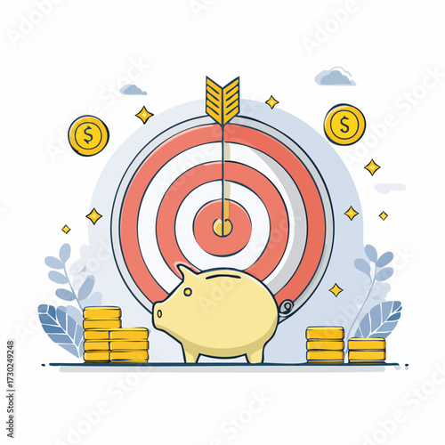 Illustration depicting financial goal setting, savings, and investment with a piggy bank, coins, and a target with an arrow.