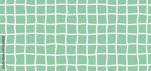 Hand drawn crayon grid seamless pattern. Green checkered mosaic tiles, doodle stripes pastel textures vector design