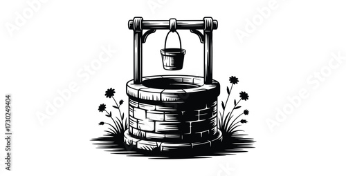 Monochrome illustration of a water well with a bucket hanging above