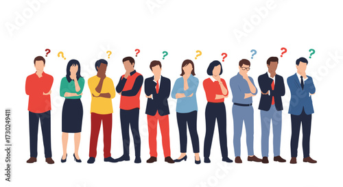 Diverse group of people contemplating with question marks above their heads.