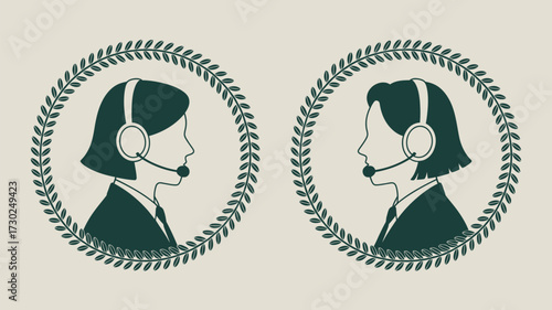 Two call center agents with headsets in laurel wreaths in a simple graphic illustration style