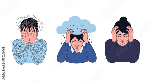 Illustrations depicting individuals experiencing distress anxiety and sadness with emotional struggles.
