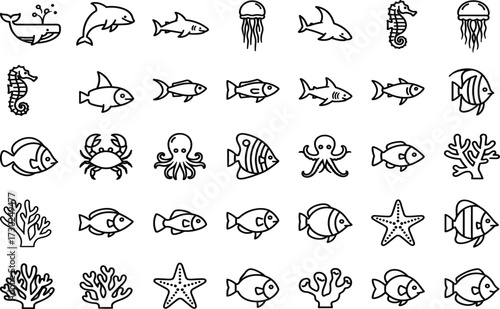 Cartoon marine icons, ocean creatures, sea animals, underwater life, coral reef, fish set, black and white, line art, vector