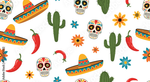 A vibrant mexican themed pattern featuring sugar skulls sombreros cacti and chili peppers.
