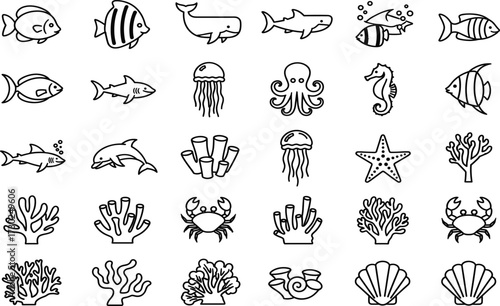 Cartoon sea icons, marine creatures, ocean animals, underwater life, coral reef, black and white, vector, line art, educational set