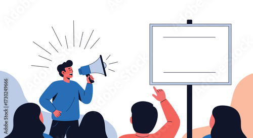 A confident man with a megaphone addresses a crowd in front of a blank presentation board.