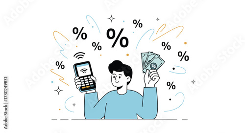 Man with calculator and money indicating financial calculation and budgeting decisions.