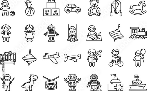 Children toy icons, black and white line art, baby playtime symbols, educational activity set, vector silhouette, parenting design elements