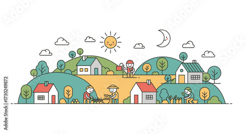 This flat design illustration portrays a harmonious community living in a stylized village, emphasizing the connection between people and nature through simple shapes and a limited color palette.