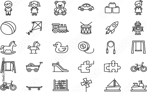 Children’s toy icon set, playtime symbols, activity tools, early learning items, line style, black and white, vector illustration