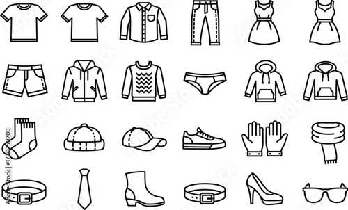Clothing and accessories icon set, black and white line style, fashion essentials, casual wear, minimal design, vector illustration, isolated