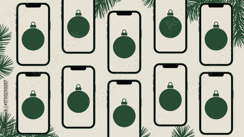 Pattern of phones displaying christmas ornaments with pine needles on a light background surface