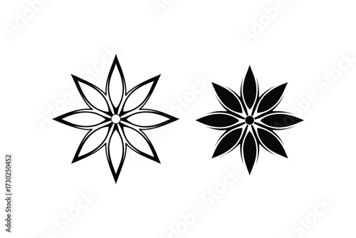 Two black and white star anise floral designs side by side
