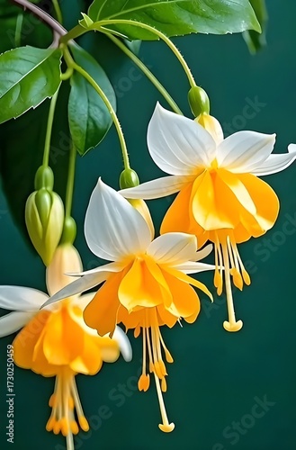 Fuchsia Blossoms: Delicate fuchsia flowers, a vibrant display of white and yellow petals, hang gracefully against a soft background, an ode to nature's artful design.
