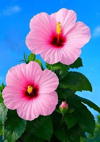 Hibiscus Blooms in the Sun: Two vibrant pink hibiscus flowers unfurl gracefully against a clear, azure sky, showcasing nature's exquisite beauty and the essence of tranquility.