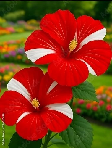 Red hibiscus flower blooming in a tropical garden