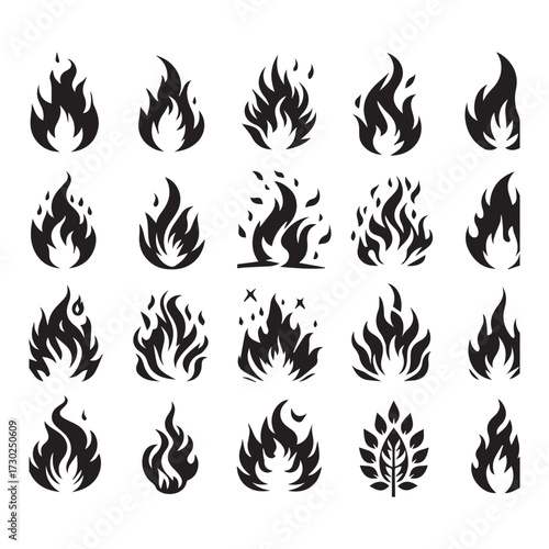 Collection of black stylized flame icons and symbols representing fire and heat on a white background Keywords: fire, flame, icon, symbol, heat, hot, burn, energy, power, danger, warmth, ignition