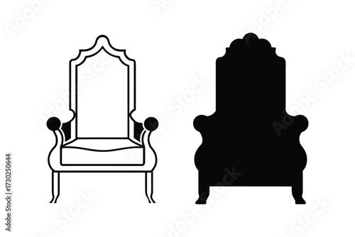 Two ornate thrones depicted in contrasting black and white styles