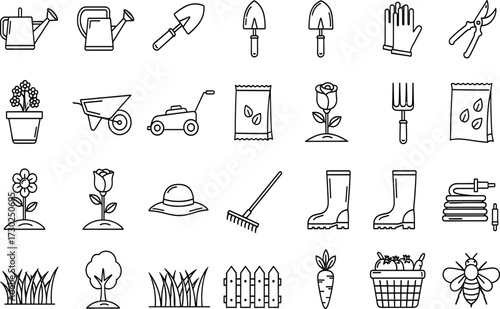 Gardening icons, black and white vector, garden tools, plant care, outdoor activity set, silhouette style, farming elements, nature graphics