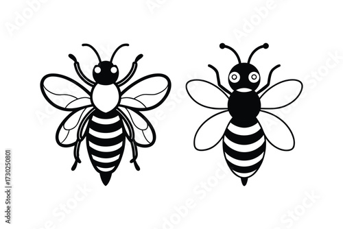 Simple black and white illustration displaying two cartoon bee designs