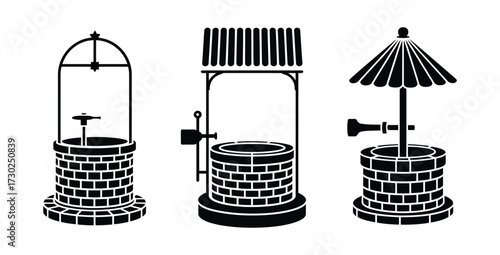 Set of three different water wells with simple construction design
