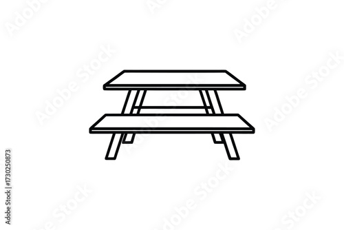 Simple black and white illustration of a classic picnic table design