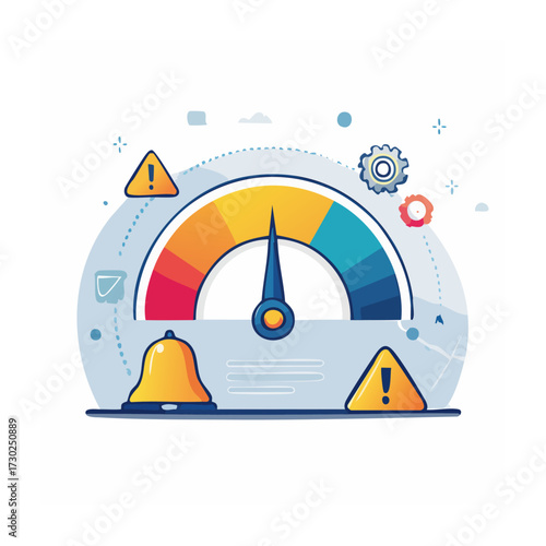 Performance meter with warning signs and a bell, indicating a critical level.