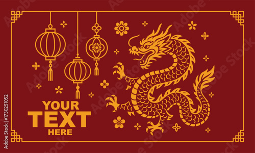 Chinese New Year Dragon and Lanterns Flat Vector Illustration