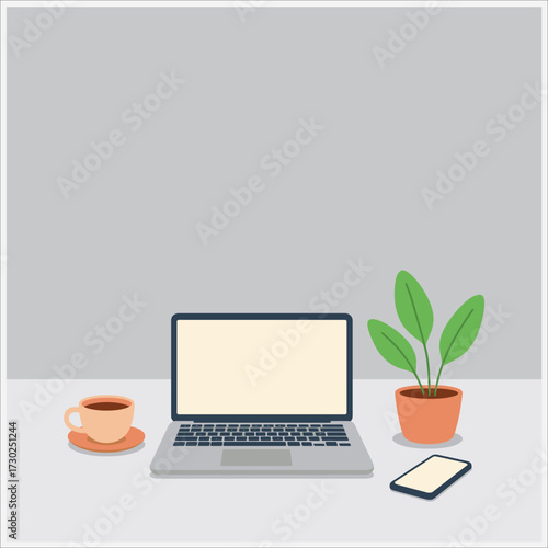 Remote Work Flat Vector Illustration – Laptop, Coffee, Plant, and Smartphone on Desk