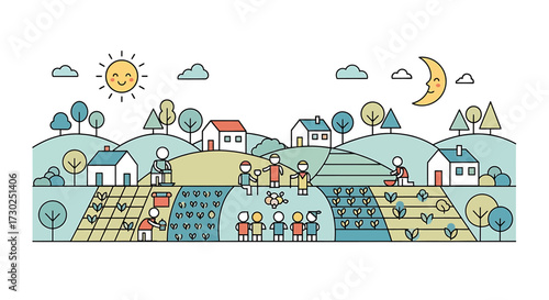 This flat design illustration portrays a harmonious community living in a stylized village, emphasizing the connection between people and nature through simple shapes and a limited color palette.