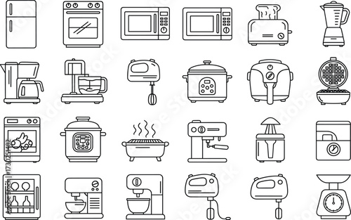 Kitchen appliance icon set, line style, black and white, cooking tools, food prep, vector illustration, modern gadgets, commercial use