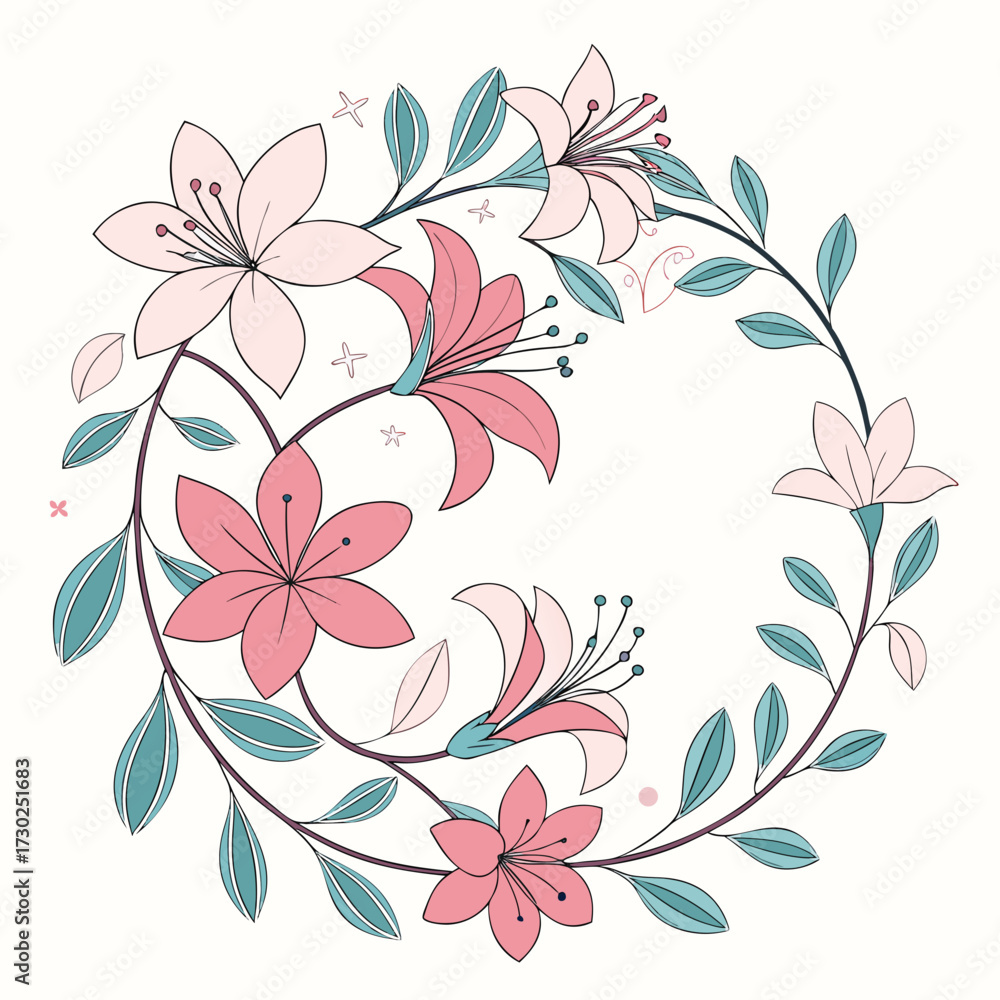Obraz premium Delicate floral wreath with pink lilies and teal leaves, perfect for invitations or feminine designs, conveying a sense of natural beauty and elegance
