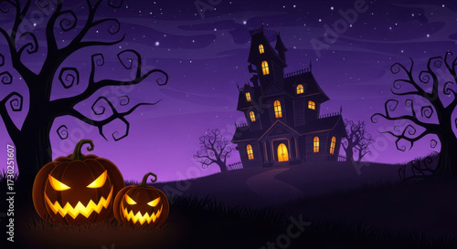 Spooky haunted house with glowing jackolanterns under a starry purple night sky, perfect for halloween