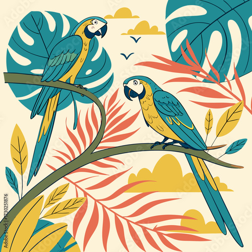 Two Blue and Yellow Macaws in a Tropical Setting