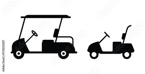 Two golf carts in black silhouette on a white background