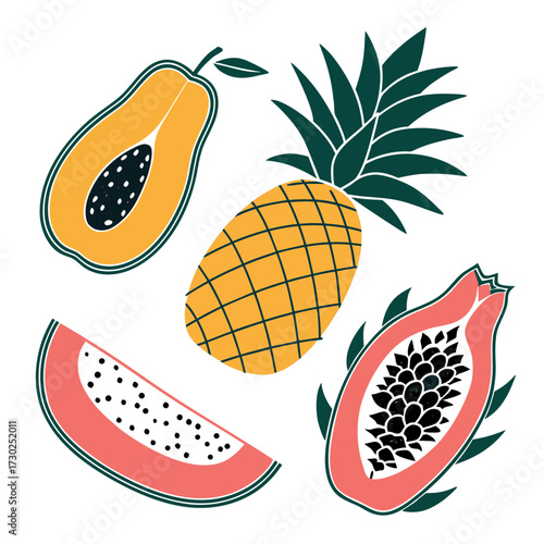 Tropical fruit medley creates a vibrant and refreshing summer vibe showcasing pineapple, papaya, dragon fruit, and watermelon for healthy lifestyle inspiration