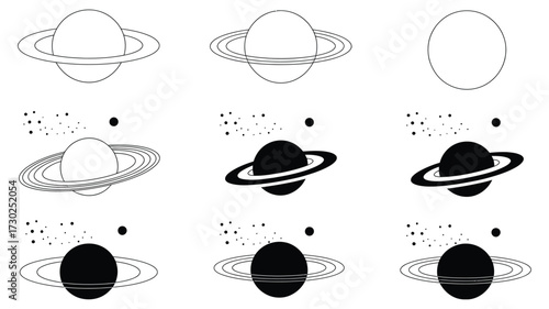 Astronomy Saturn Icons,  Black Silhouette Planet Vector Set for Solar System, Astrological Symbols, Space Logo Designs, and Educational Projects
