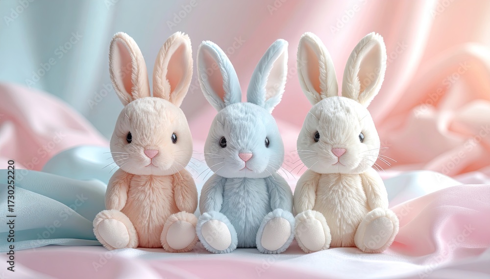 Obraz premium Three Plush Bunnies with Soft Pastel Fur Seated on Silky Fabric Draped in Soft Studio Lighting