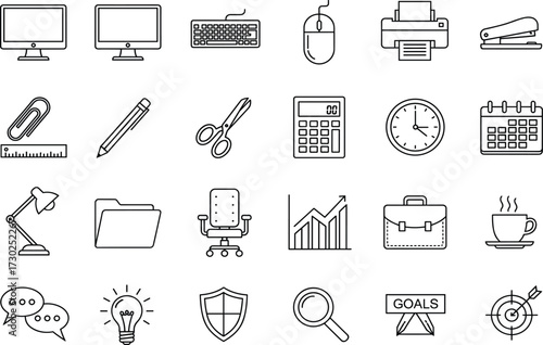 Office icons, productivity symbols, business tools, workspace graphics, elegant line art, desk setup, goal planning, UI illustration, tech elements, organization theme