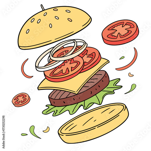 Delicious burger explosion with fresh ingredients like tomato, onion, lettuce, and cheese, perfect for food lovers and restaurant menus