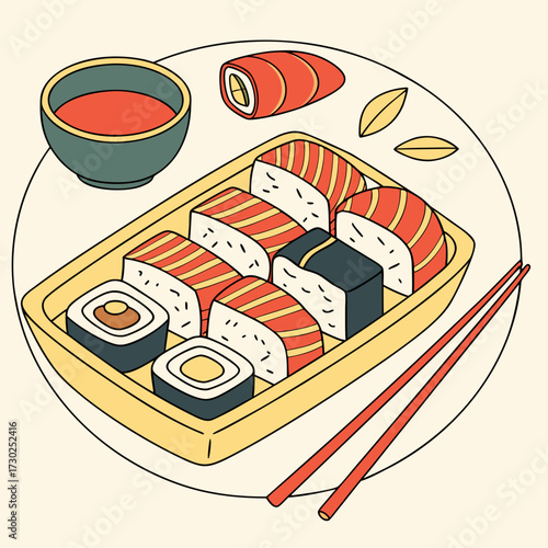 Vibrant sushi platter with soy sauce, chopsticks, and decorative leaves offers a delicious and visually appealing culinary experience perfect for menus and food blogs.
