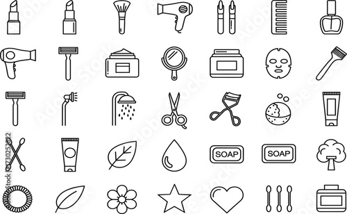 Personal care icon set, grooming tools, hygiene products, beauty items, line style, black and white, vector illustration, commercial use